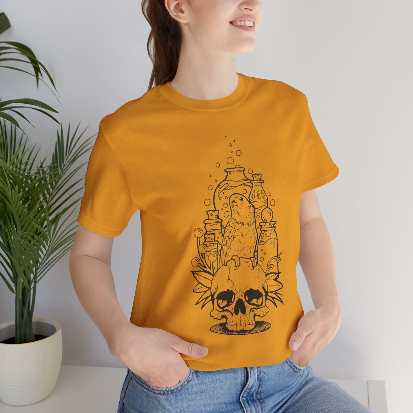 Crazy Scientist Lovebird Sitting on a Skull, Line Art Tee