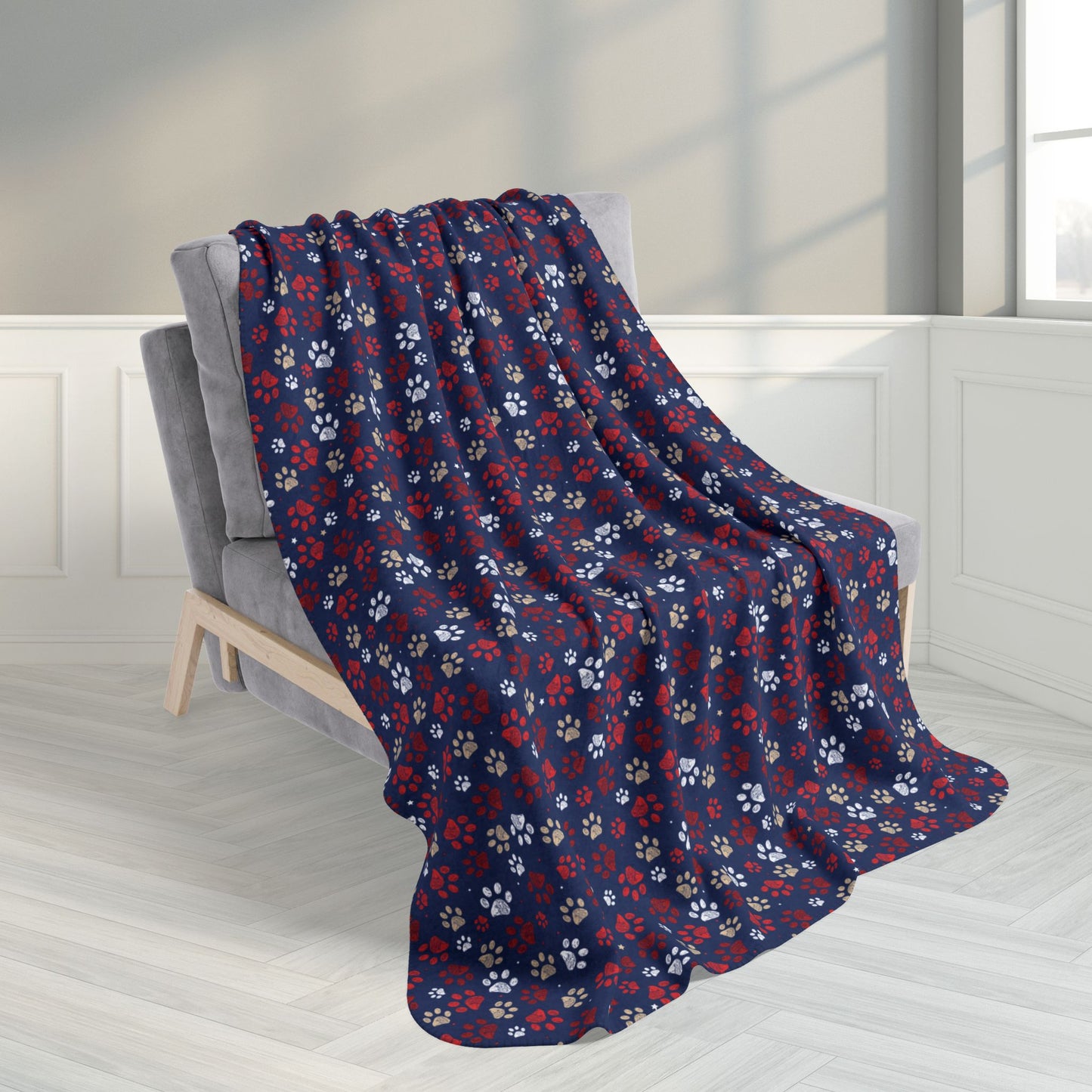 50" × 60" Red & White Ohio Paw Prints Blue Fleece Sherpa Blanket