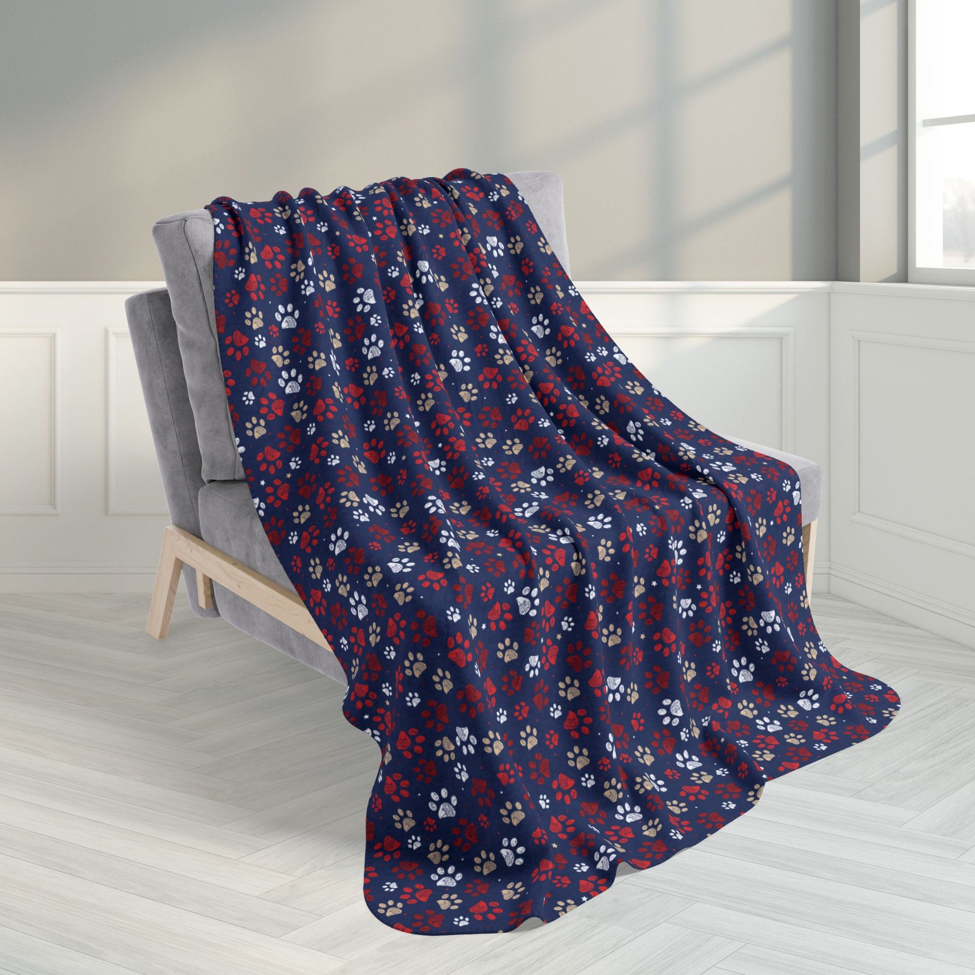 50" × 60" Red & White Sandusky OH Paw Prints Blue Fleece Sherpa Blanket