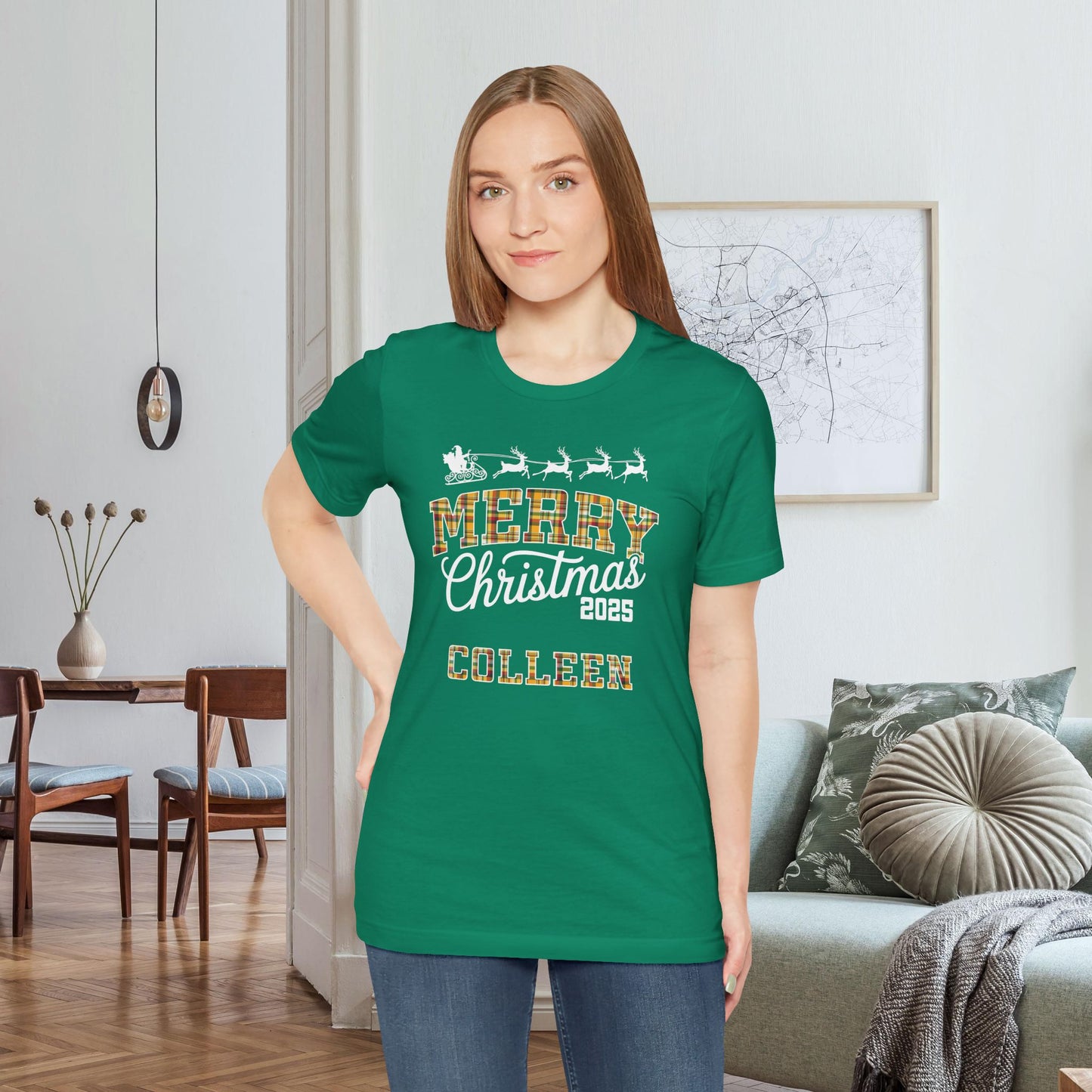 Kelly Custom Christmas Green & Gold Green Bay WI Plaid Pajama Tee Top