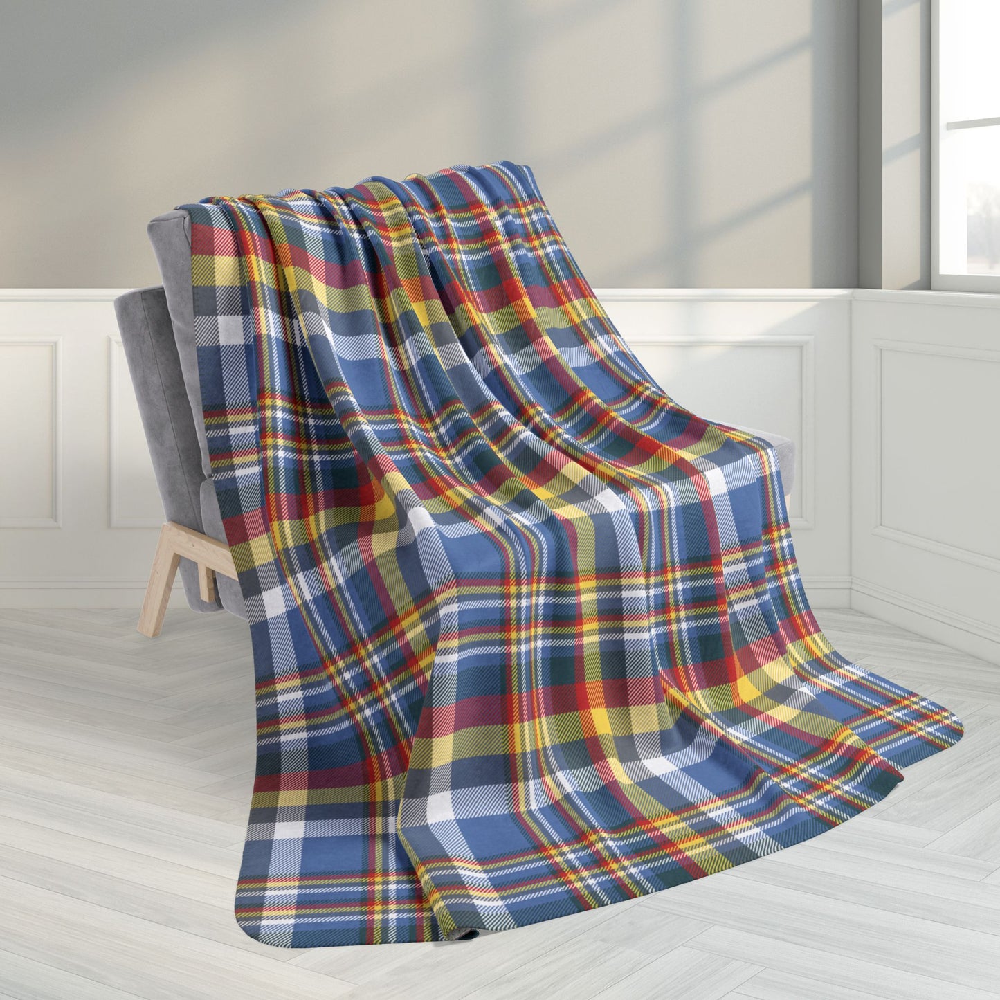 60" × 80" Blue, White, Yellow & Red Gurnee IL Plaid Fleece Sherpa Blanket