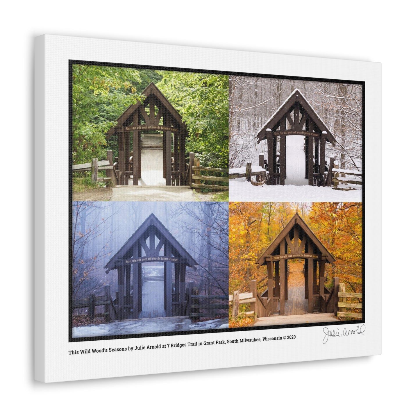 7 Bridges Trail’s Covered Bridge at Grant Park in South Milwaukee Wisconsin, All 4 Seasons Photo Collage, Canvas Wrap Wall Art