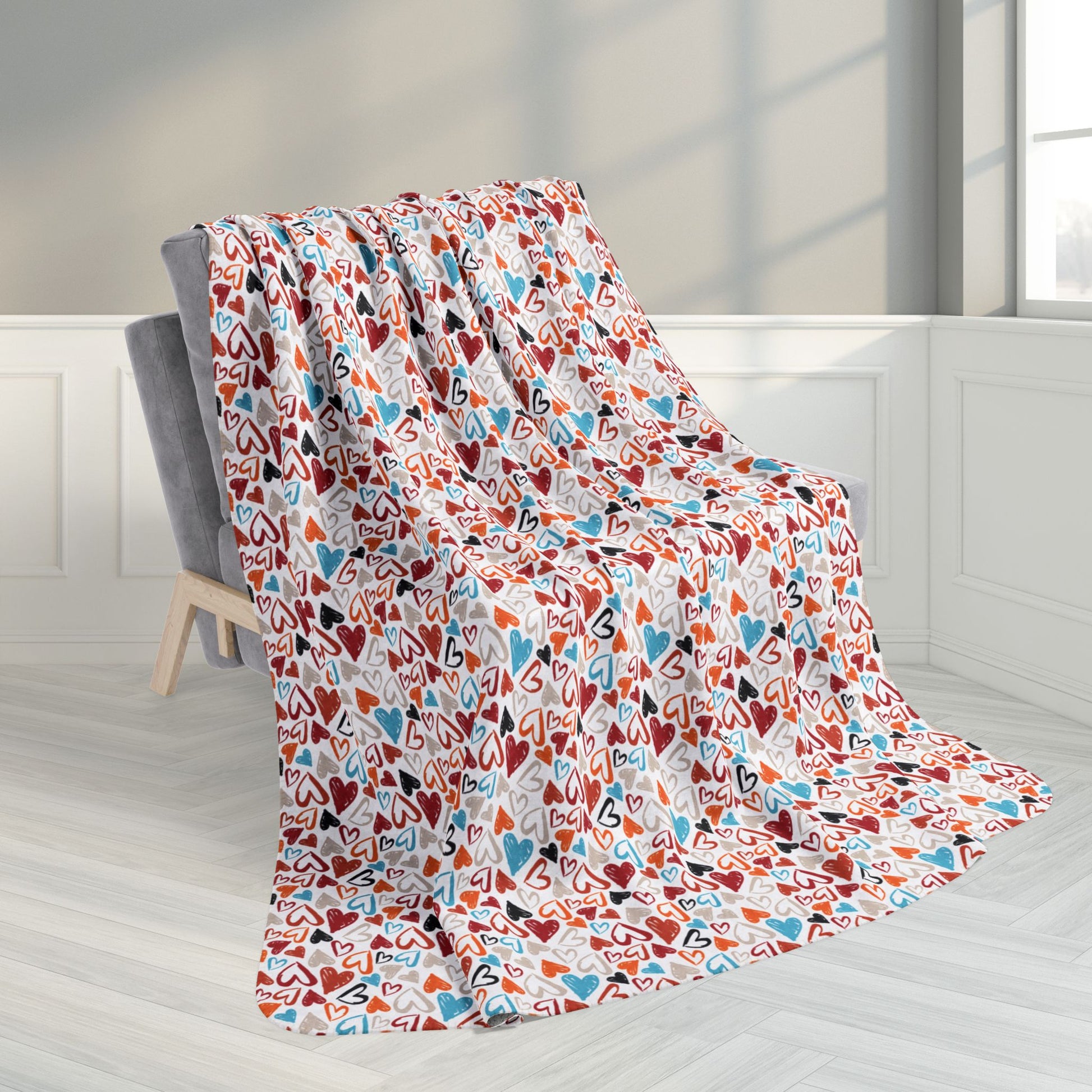 60" × 80" Red, Orange & Blue Hearts White Sandusky OH Fleece Sherpa Blanket