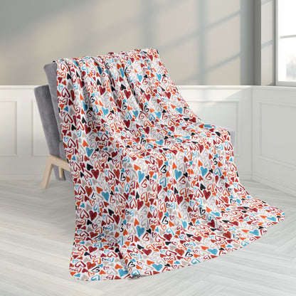 60" × 80" Red, Orange & Blue Hearts White Sandusky OH Fleece Sherpa Blanket