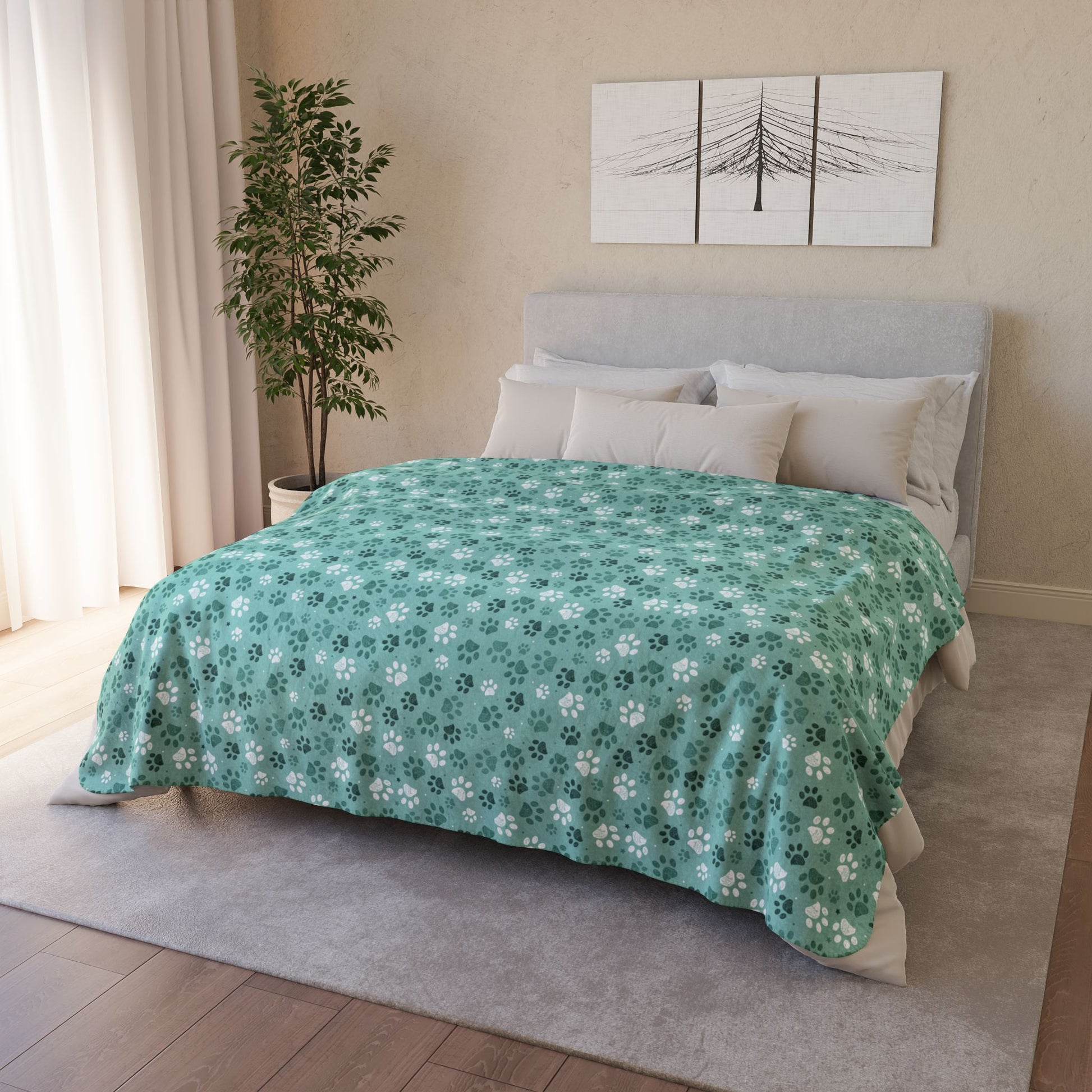 Seagreen Paw Prints Fleece Sherpa Blanket