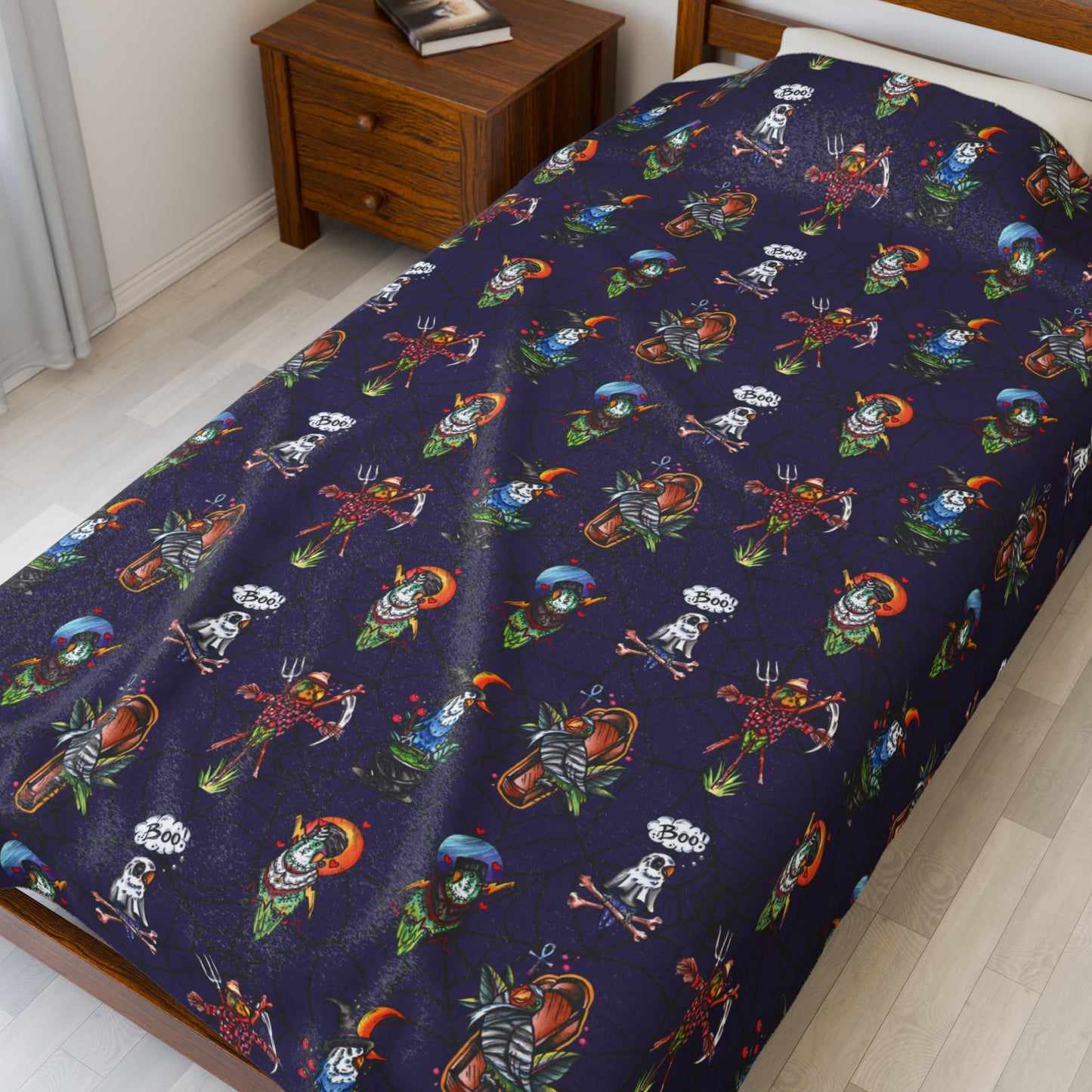 Halloween Lovebirds Velveteen Plush Blanket, Hand-Drawn & Hand-Colored