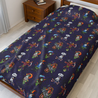 Halloween Lovebirds Velveteen Plush Blanket, Hand-Drawn & Hand-Colored