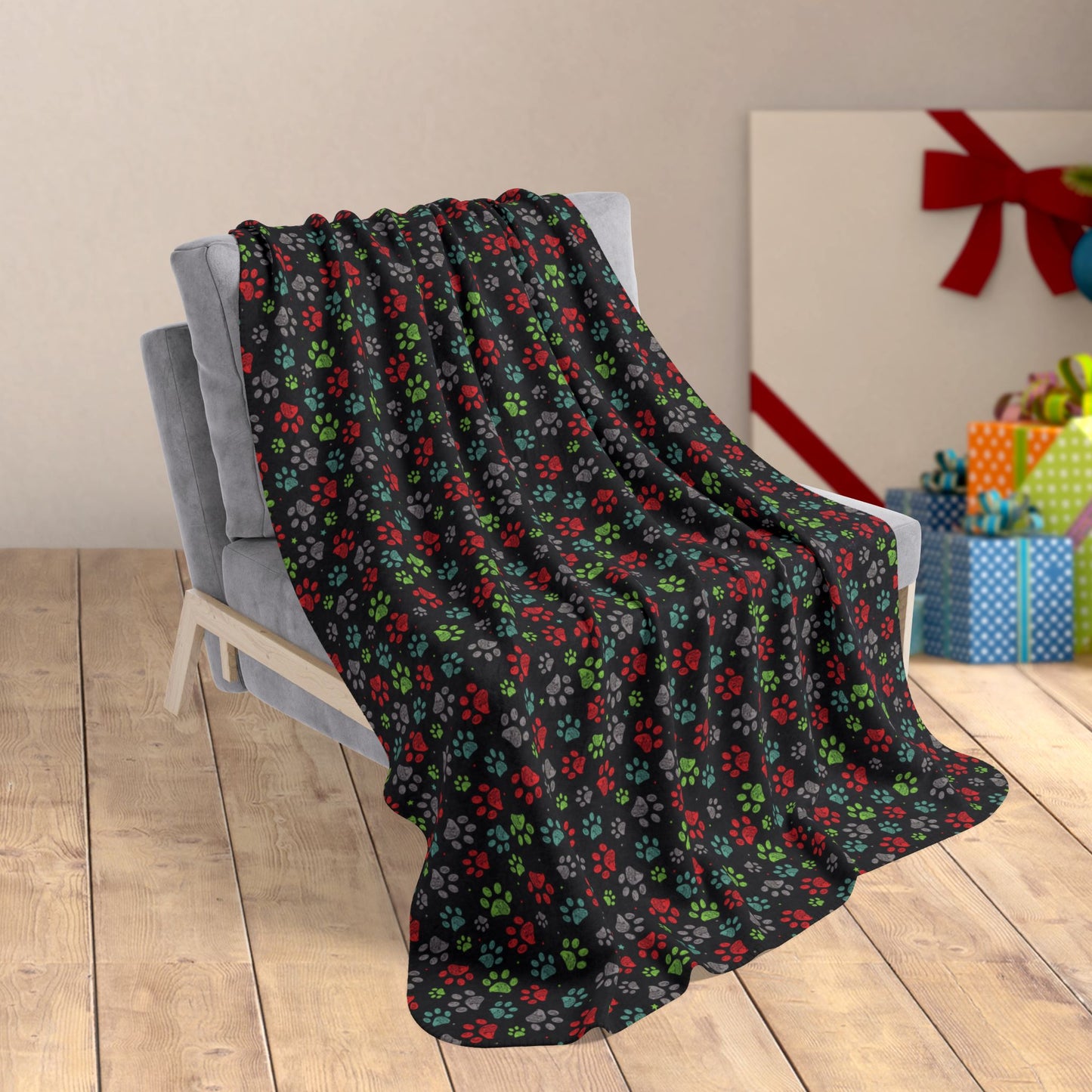 50" × 60" Light Green & Red Ohio Paw Prints Black Fleece Sherpa Blanket