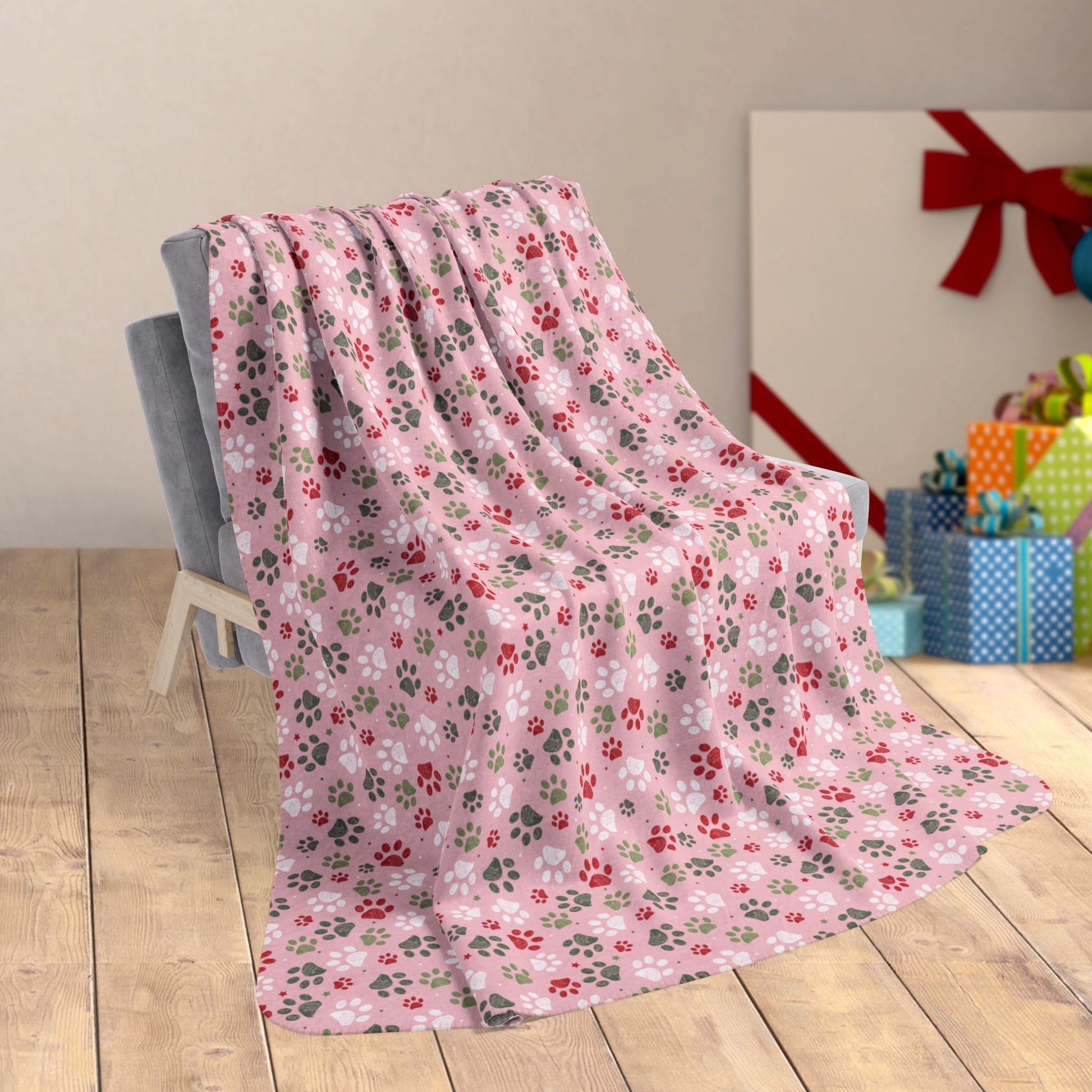 60" × 80" Christmas Pink & Red Paw Prints Fleece Sherpa Blanket