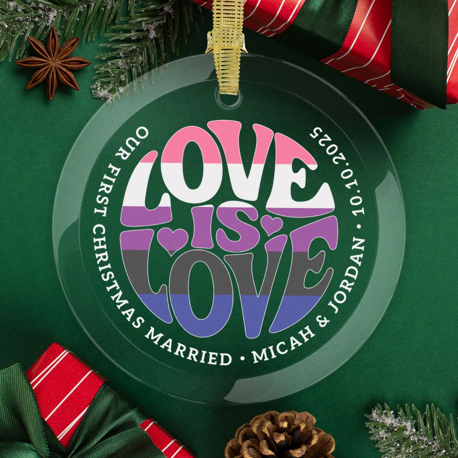 Round One Size Custom Glass Love is Love Genderfluid Pride 3.5" Circle Ornaments