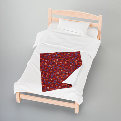 Blue & Orange Ohio Paw Prints Red Velveteen Plush Blanket