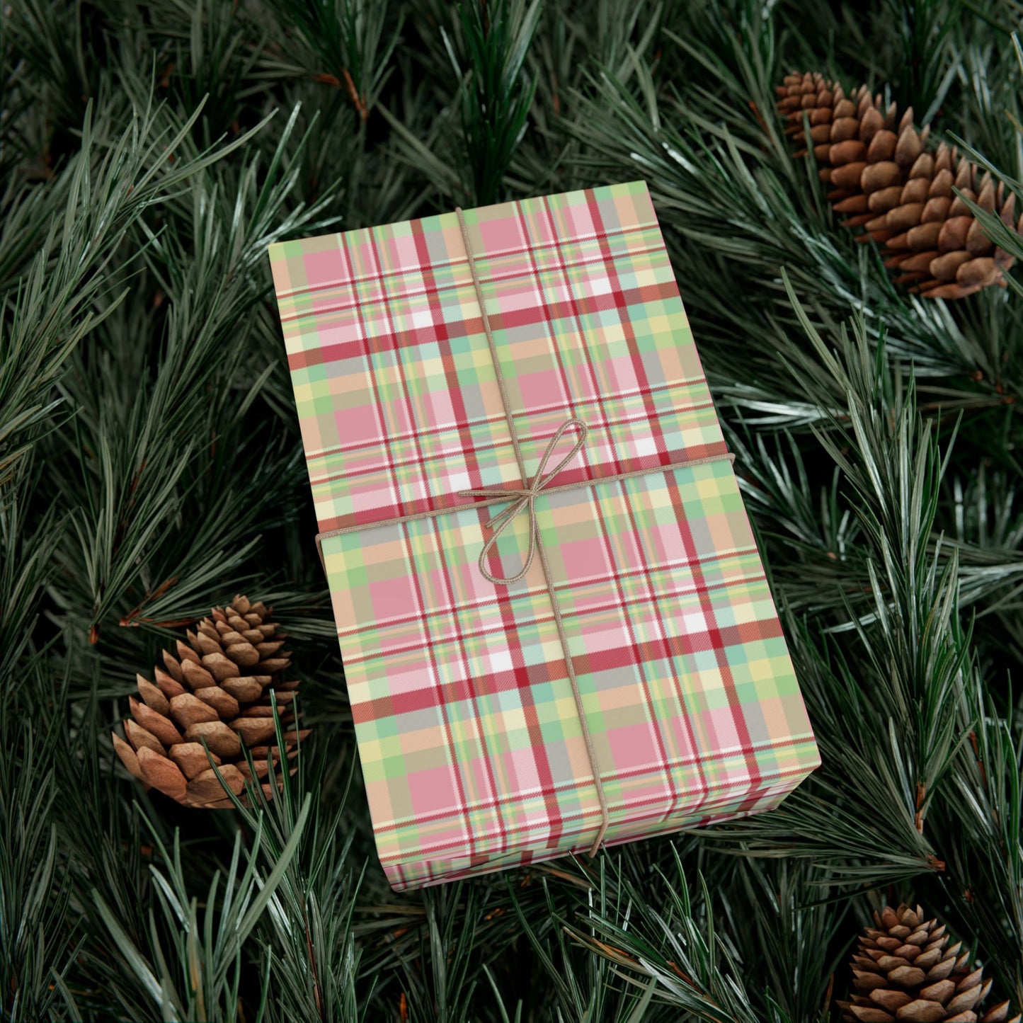 MCM Christmas Pink, Yellow, Light Green & Red Plaid Gift Wrapping Paper Roll