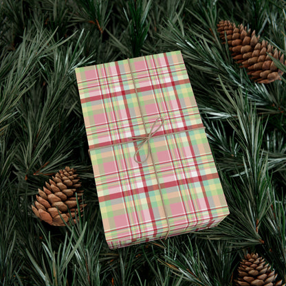 MCM Christmas Pink, Yellow, Light Green & Red Plaid Gift Wrapping Paper Roll