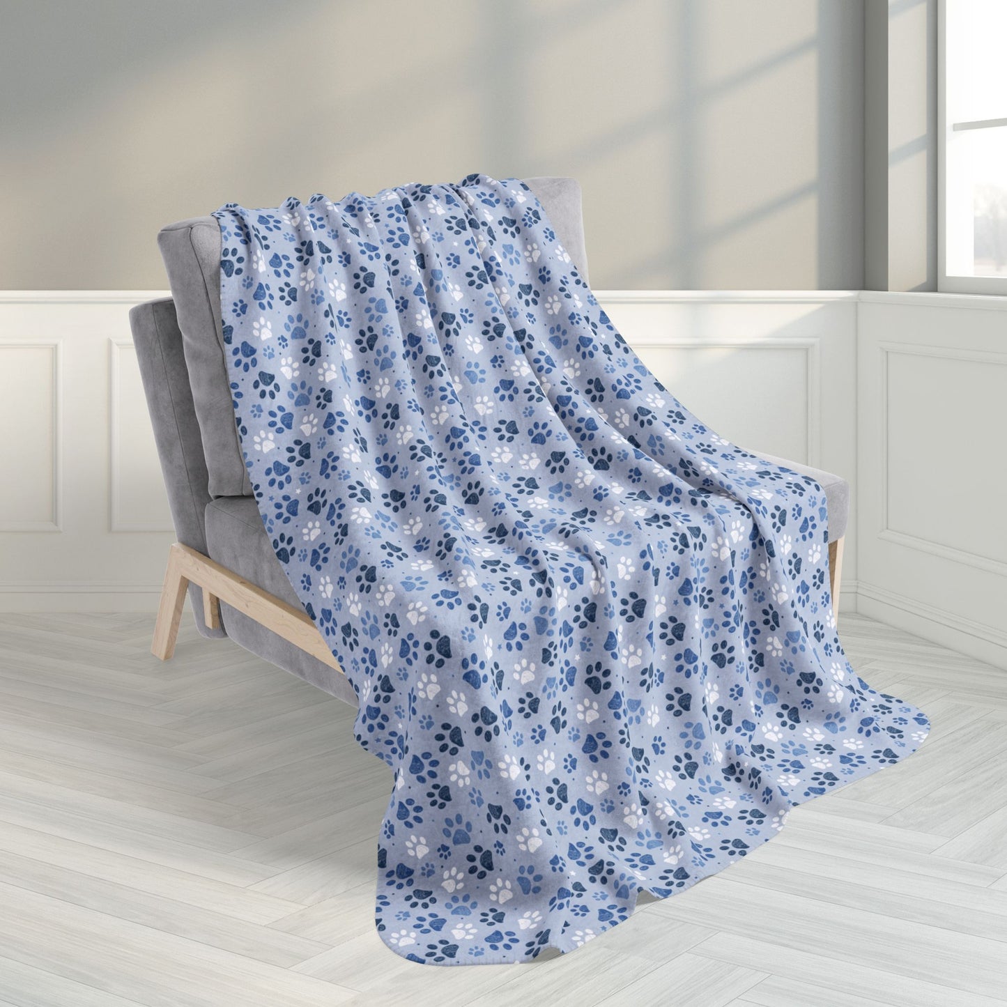 50" × 60" Light Blue Paw Prints Fleece Sherpa Blanket