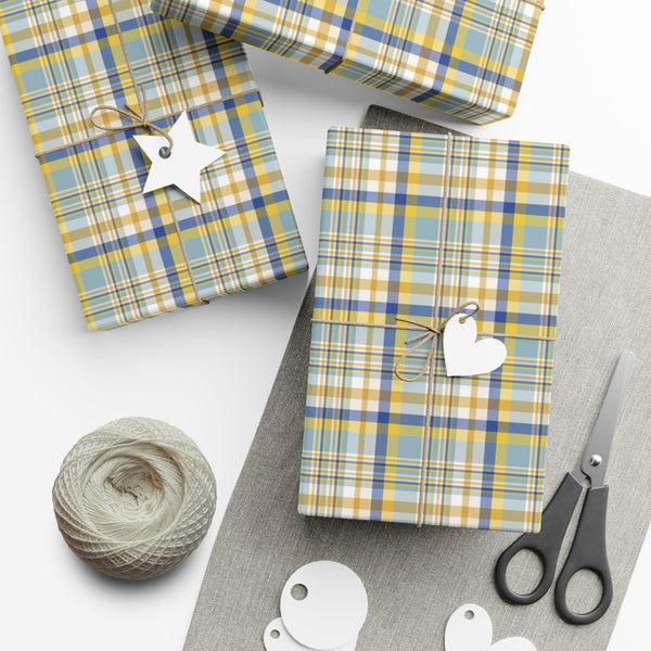 29'' x 72" Satin Hannukah Blues, White & Gold Plaid Gift Wrapping Paper Roll