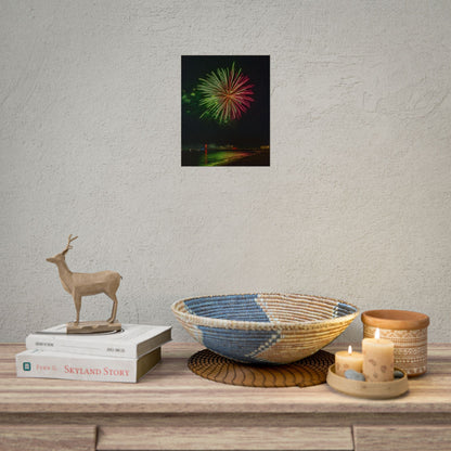 Green & Pink 4th of July Fireworks over Kenosha Pier Light Rolled Poster