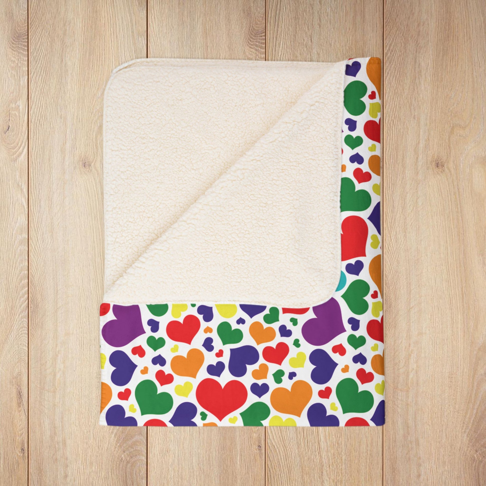 Rainbow 7-Color Pride Valentine’s Day Hearts White Fleece Sherpa Blanket