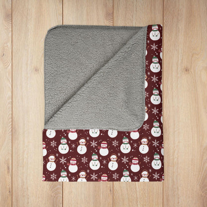 Christmas Brown & Green Snowman Red Fleece Sherpa Blanket
