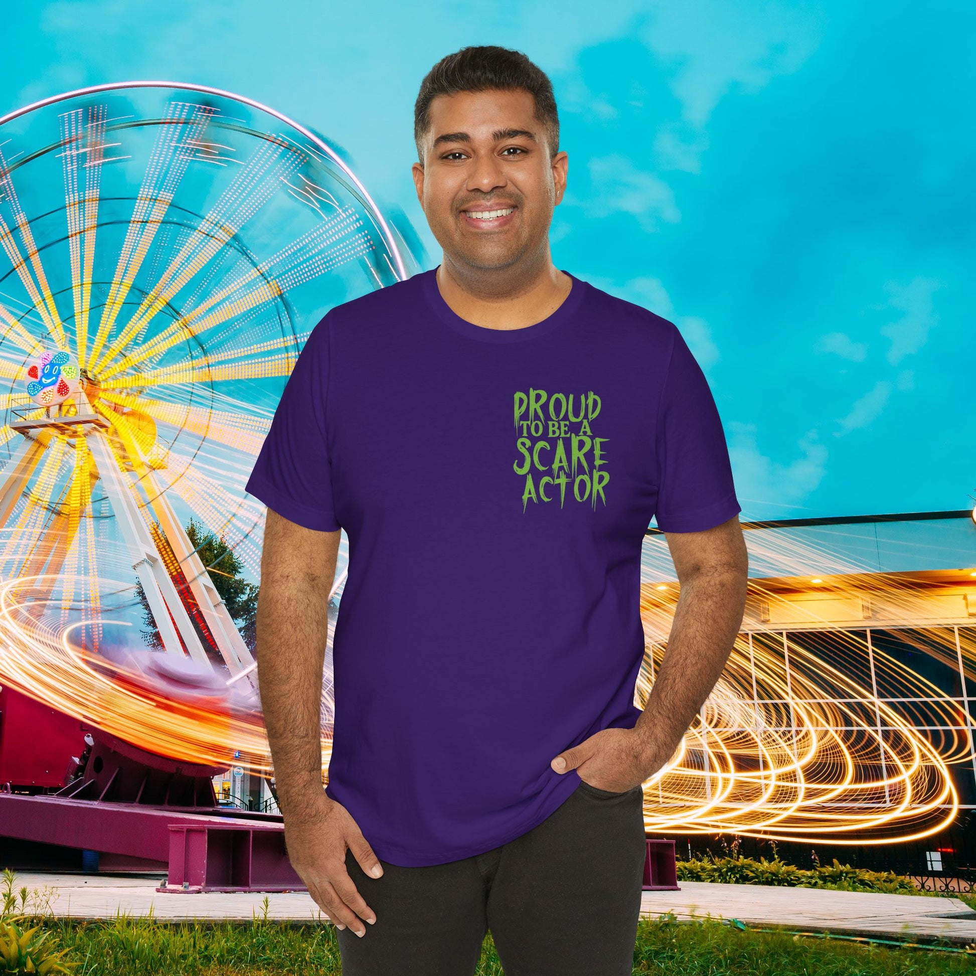 I Just Wanna Scare People & Ride Roller Coasters Tee / Proud Scare Actor (BACK graphic) • Irvine Ondrey Engineering