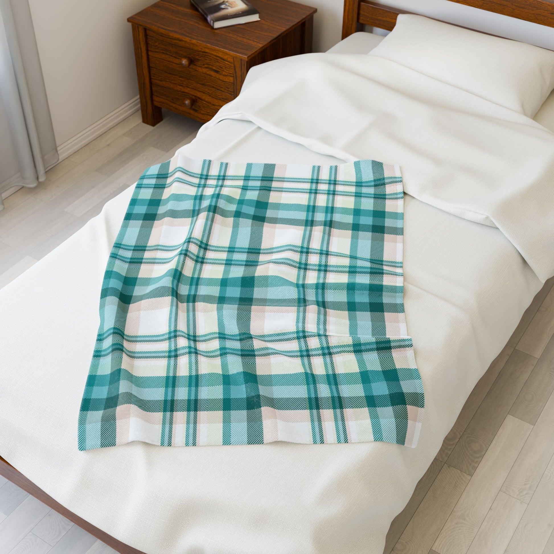 Coastal Teal Plaid Velveteen Plush Blanket