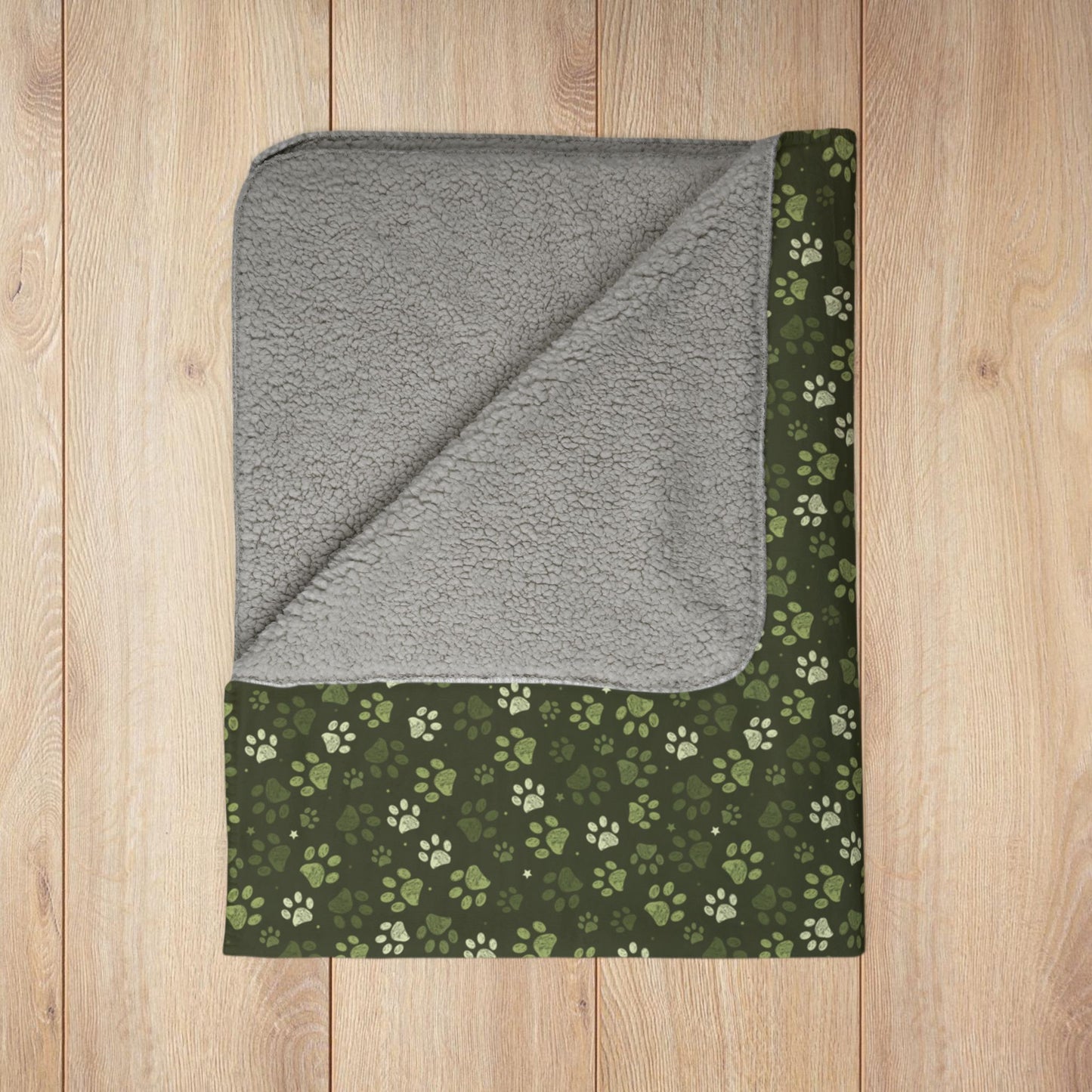 Olive Green Paw Prints Fleece Sherpa Blanket