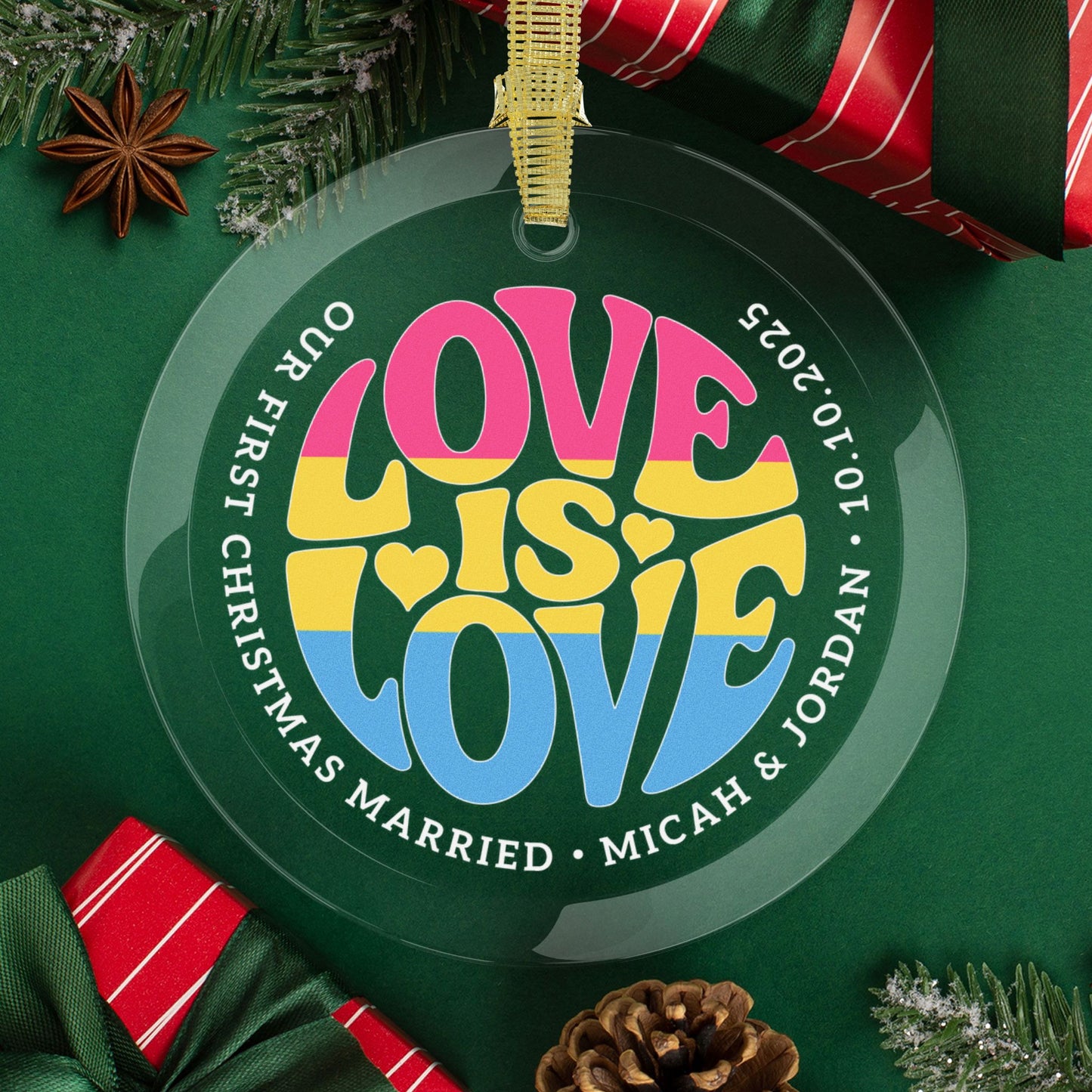 Round One Size Custom Glass Love is Love Pansexual Pride 3.5" Circle Ornaments