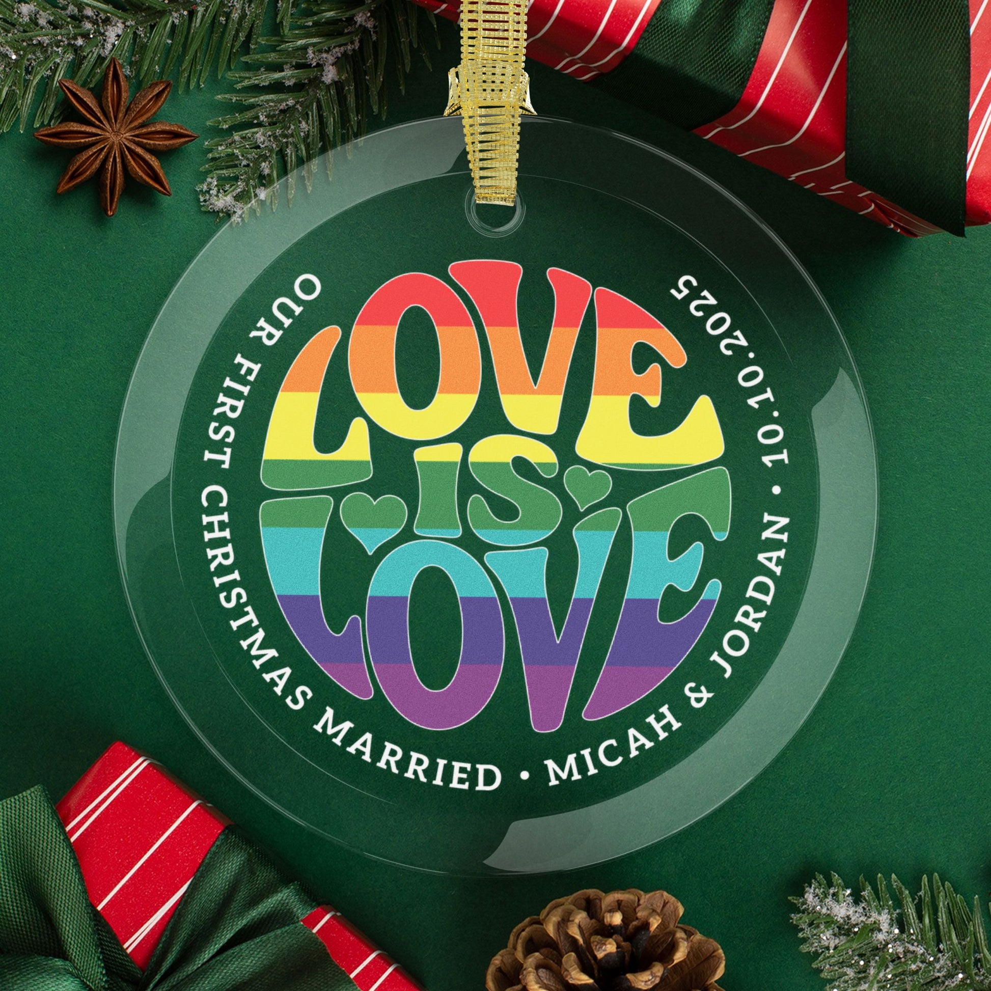 Round One Size Custom Glass Love is Love Rainbow 7-Stripe Pride 3.5" Circle Ornaments