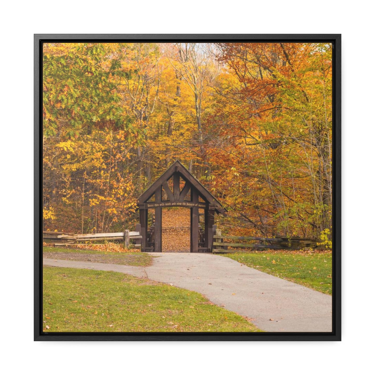 Seven Bridges Trail’s Covered Bridge at Grant Park in South Milwaukee Wisconsin, Photography Square Framed Canvas Wrap Wall Art