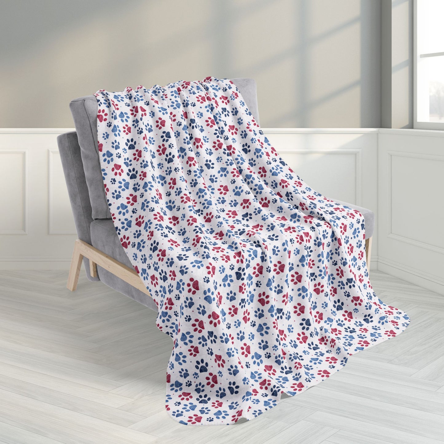 50" × 60" America U.S.A. Red, White & Blue Paw Prints Light Grey Fleece Sherpa Blanket