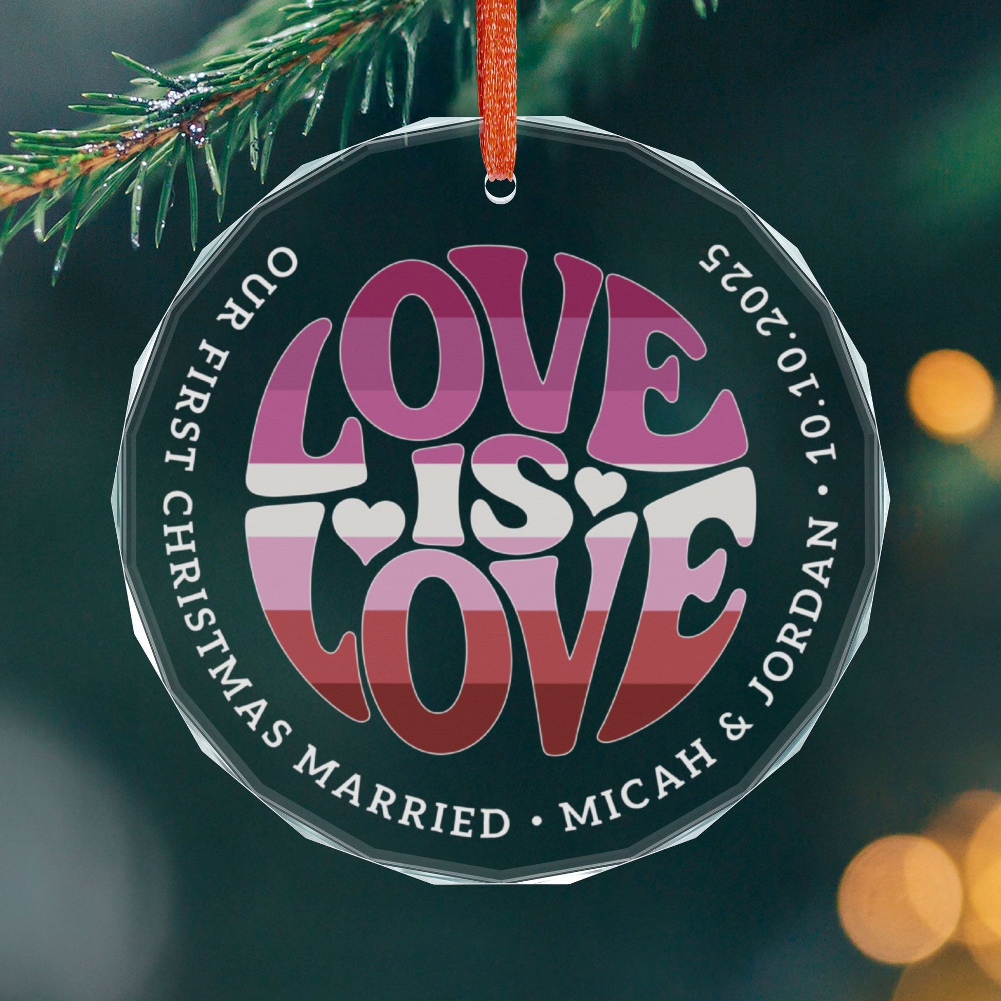 Round One size Custom Crystal Love is Love Lesbian Pink Pride 3" Circle Ornament