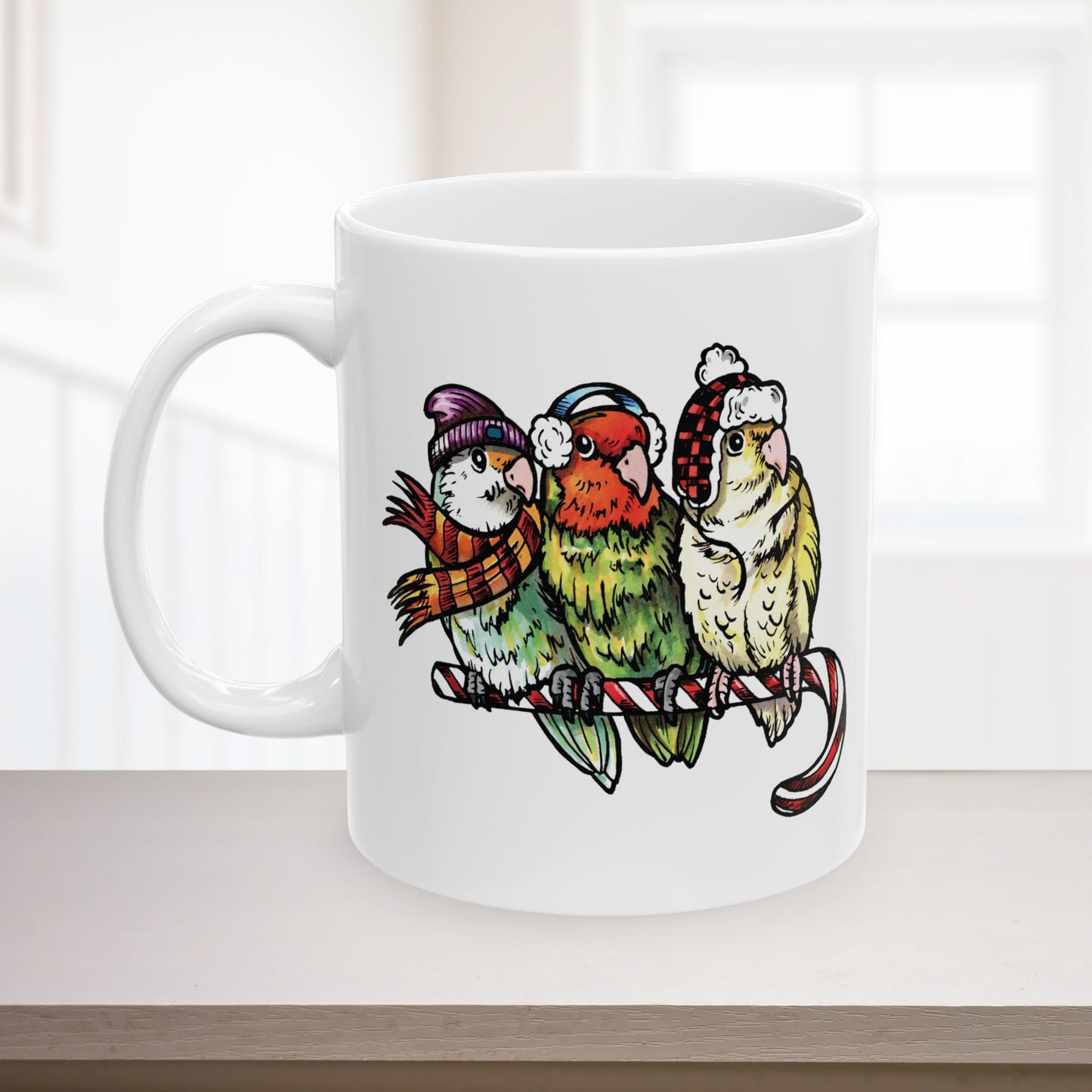 3 Lovebirds With Winter Wear & Perched on a Candy Cane, 11oz or 15oz Mug