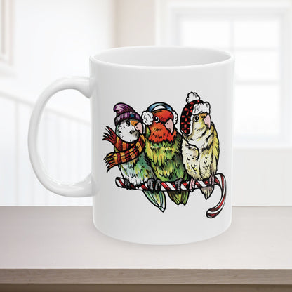 3 Lovebirds With Winter Wear & Perched on a Candy Cane, 11oz or 15oz Mug