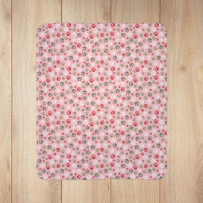 Christmas Pink & Red Paw Prints Fleece Sherpa Blanket