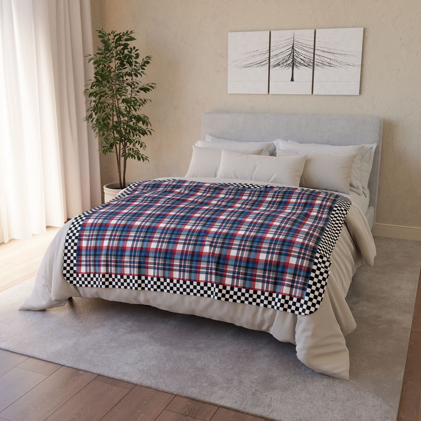 White, Red, Blue & Grey Ohio Plaid with Checkered Edge Fleece Sherpa Blanket