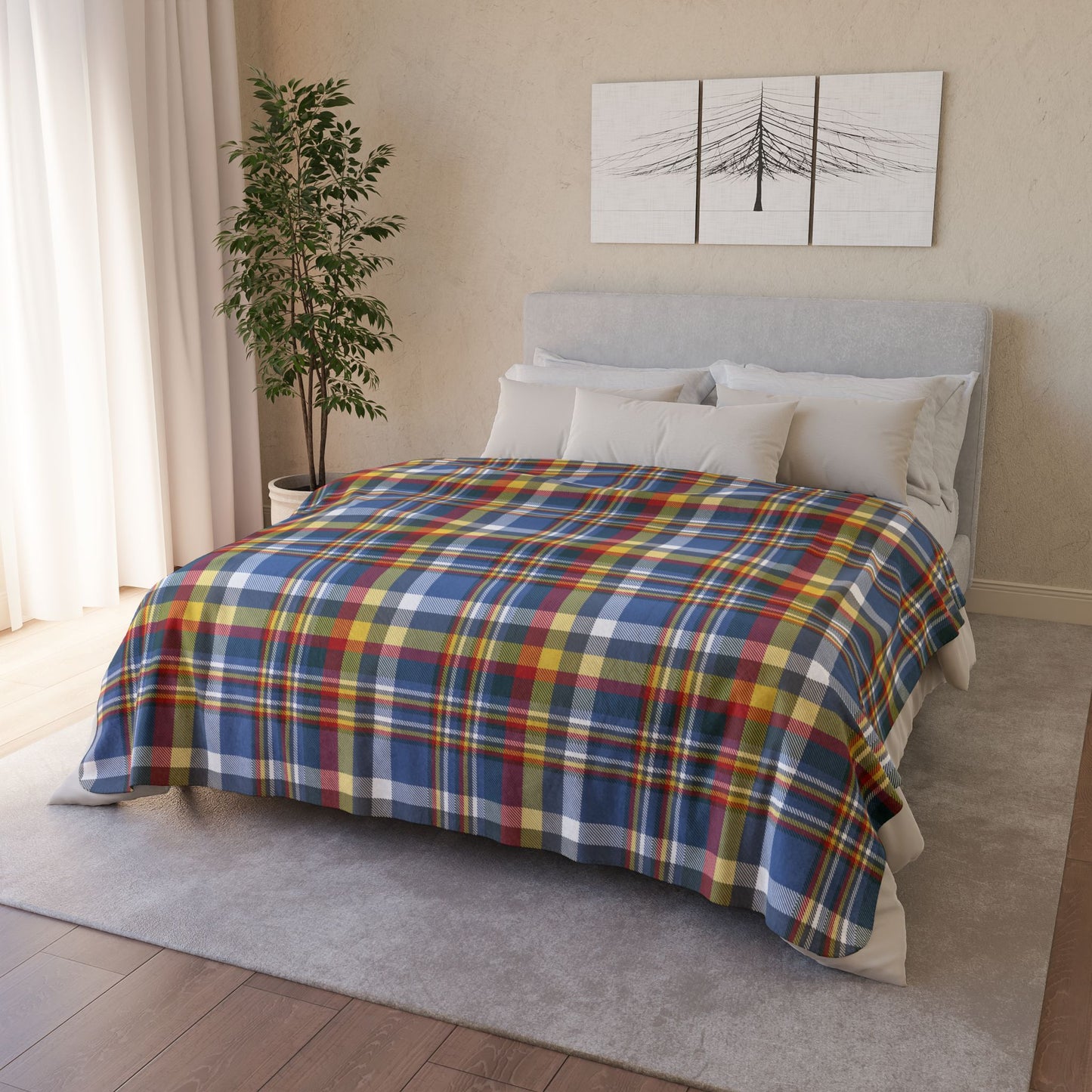 Blue, White, Yellow & Red Gurnee IL Plaid Fleece Sherpa Blanket
