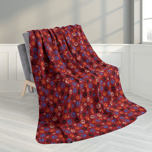 60" × 80" Blue & Orange Ohio Paw Prints Red Fleece Sherpa Blanket