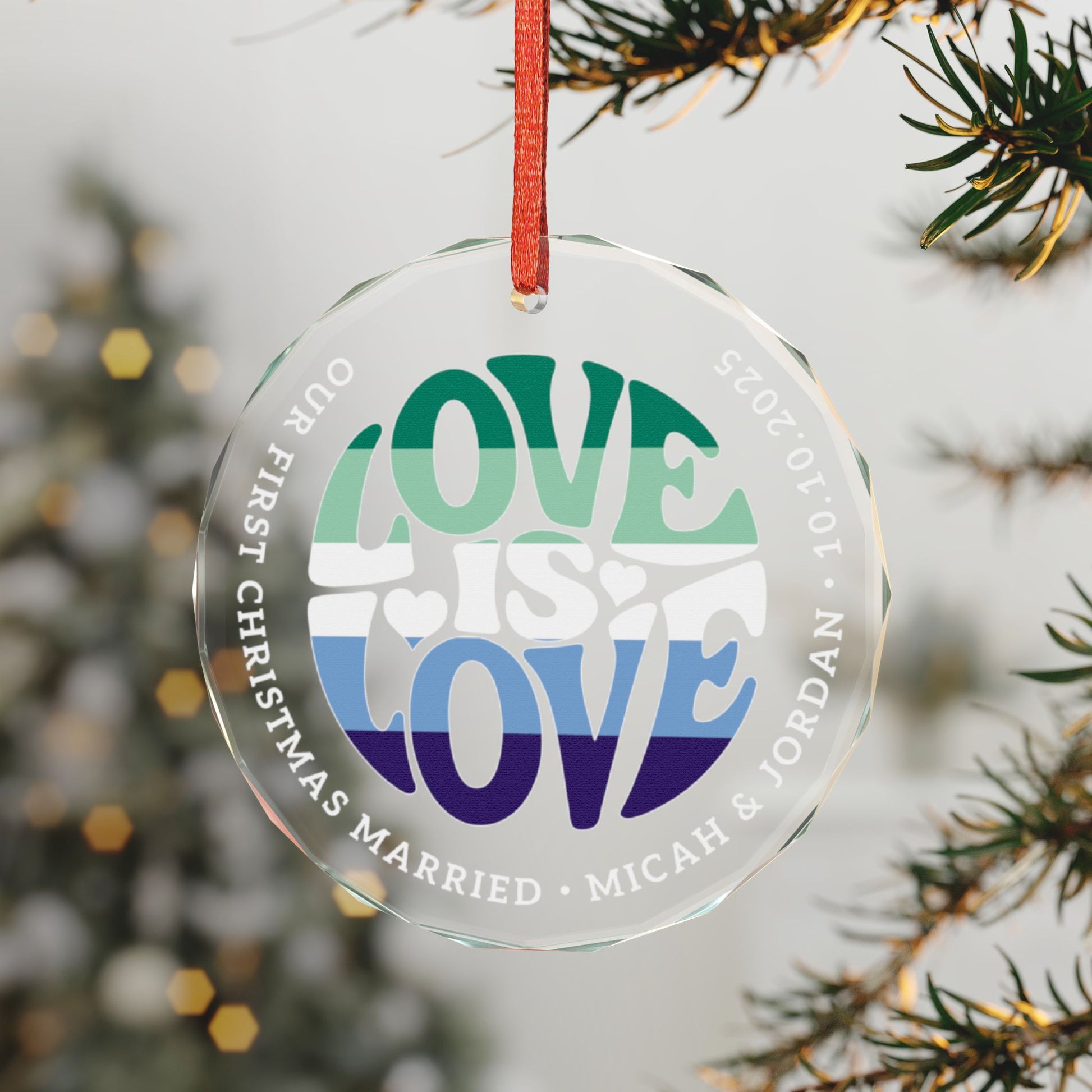 Custom Crystal Love is Love Gay Men 5-Stripe Pride 3" Circle Ornament