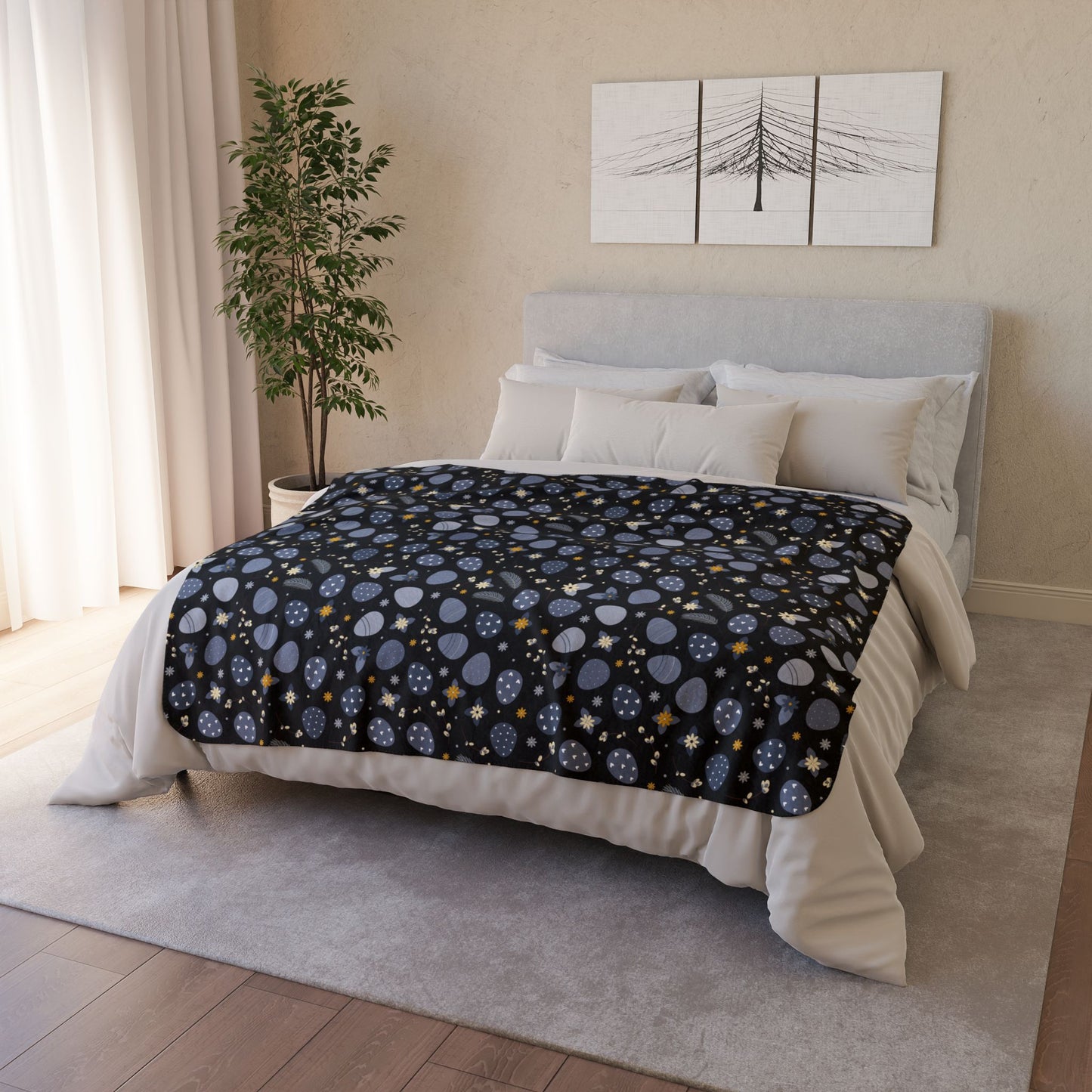 50" × 60" Grey Blue Easter Eggs Black Fleece Sherpa Blanket