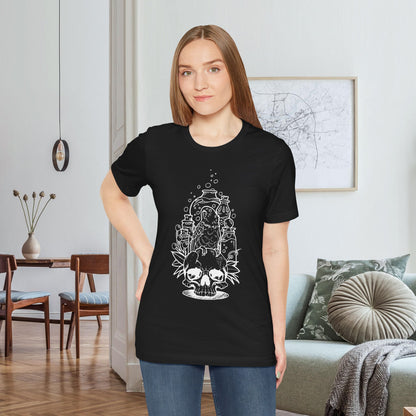 Crazy Scientist Lovebird Sitting on a Skull, Line Art Tee