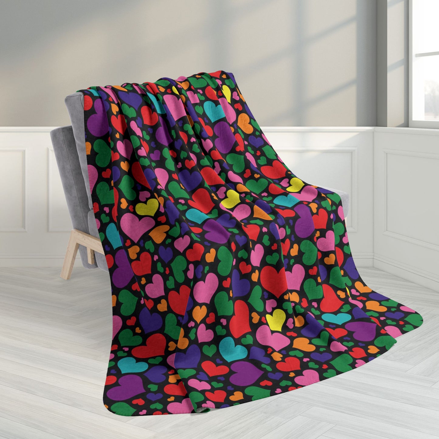 60" × 80" Gilbert Baker Rainbow Pride Valentine’s Day Hearts Black Fleece Sherpa Blanket
