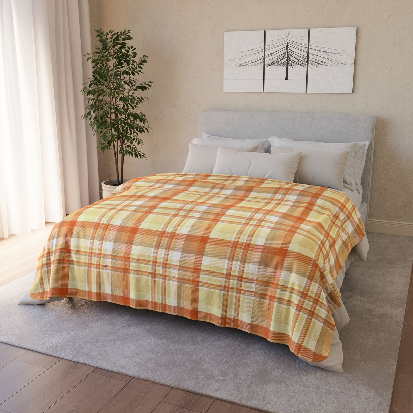 Summer Orange Plaid Fleece Sherpa Blanket