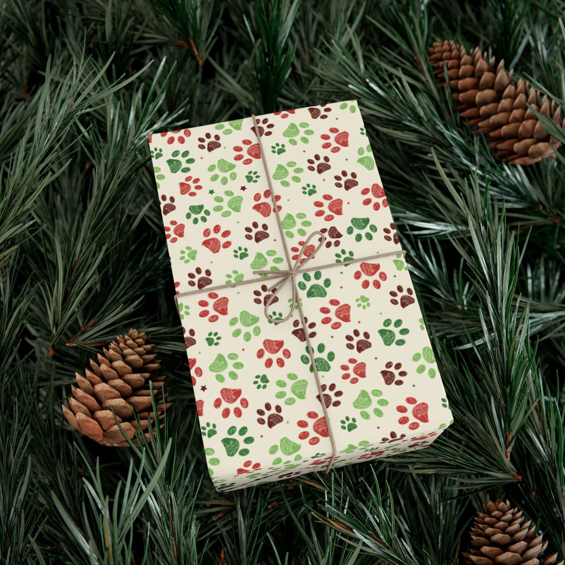 Christmas Green, Red & Cream Paw Print Gift Wrapping Paper Roll