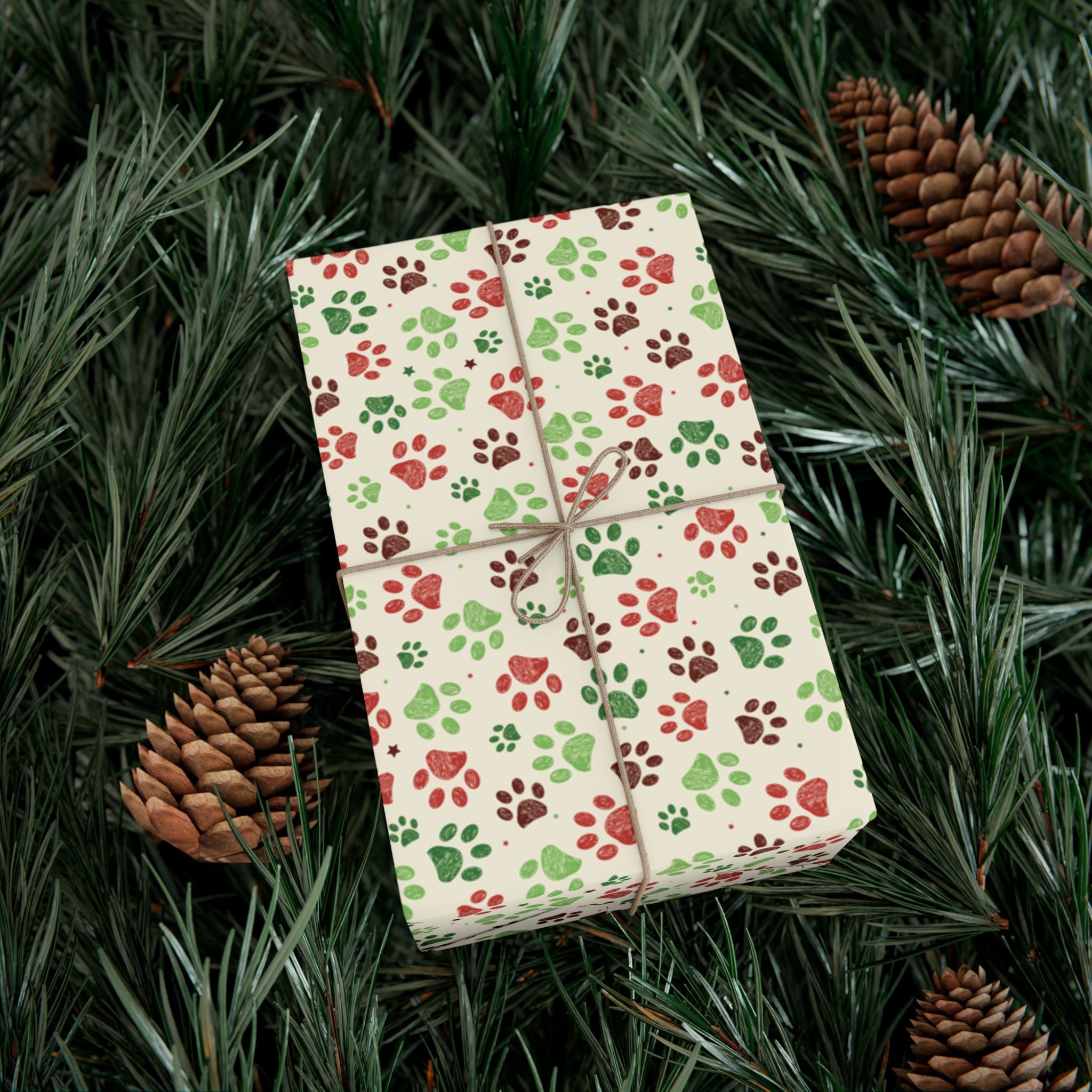 Christmas Green, Red & Cream Paw Print Gift Wrapping Paper Roll