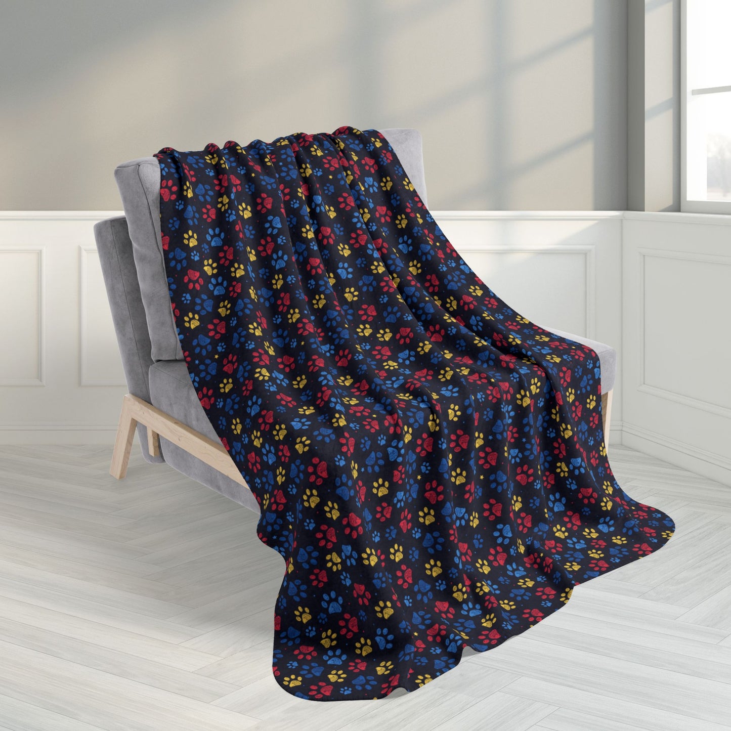 50" × 60" Blue, Red & Yellow Ohio Paw Prints Black Fleece Sherpa Blanket
