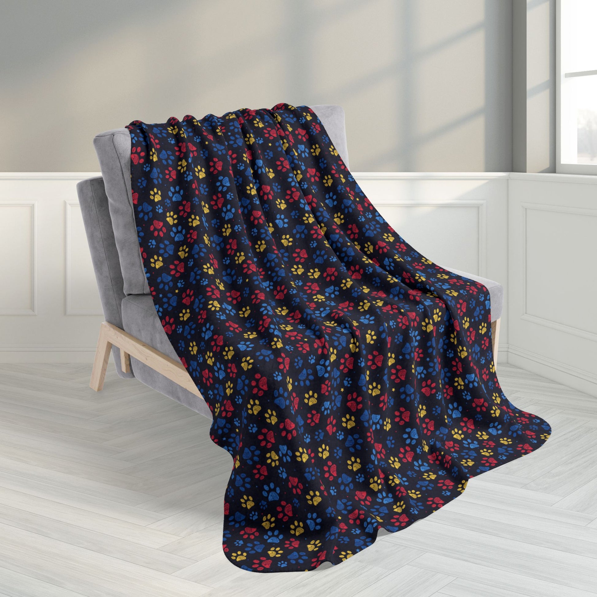 50" × 60" Blue, Red & Yellow Sandusky OH Paw Prints Black Fleece Sherpa Blanket