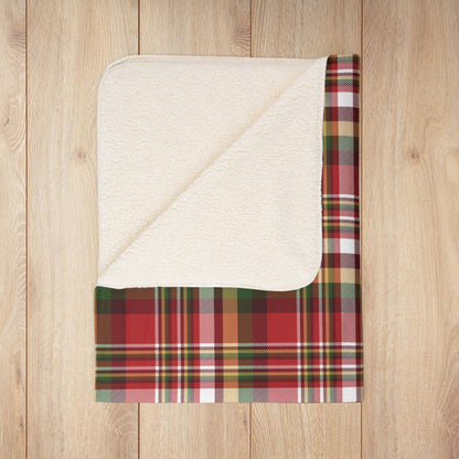 Christmas Red, Green & Gold Rustic Plaid Fleece Sherpa Blanket