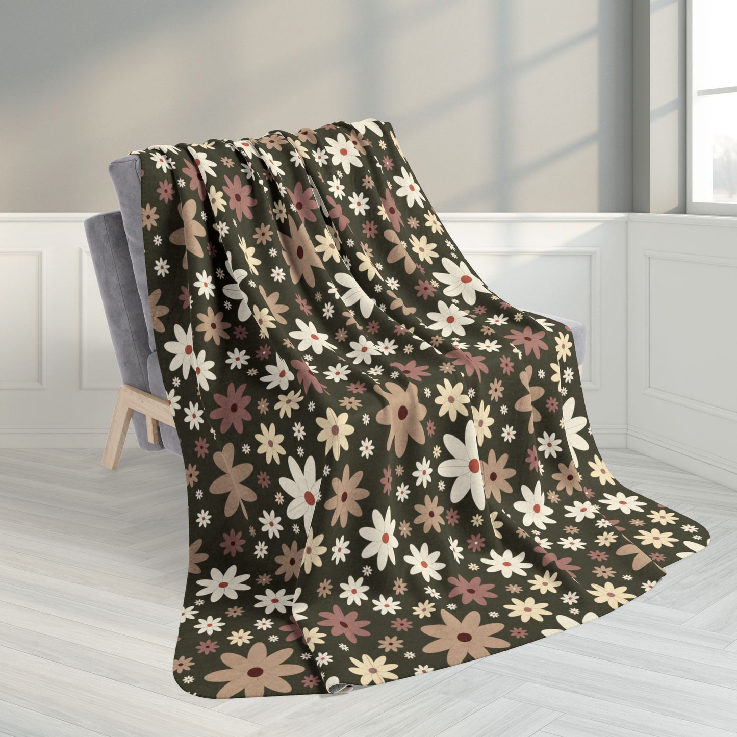 60" × 80" Daisies Fleece Sherpa Olive Green Blanket