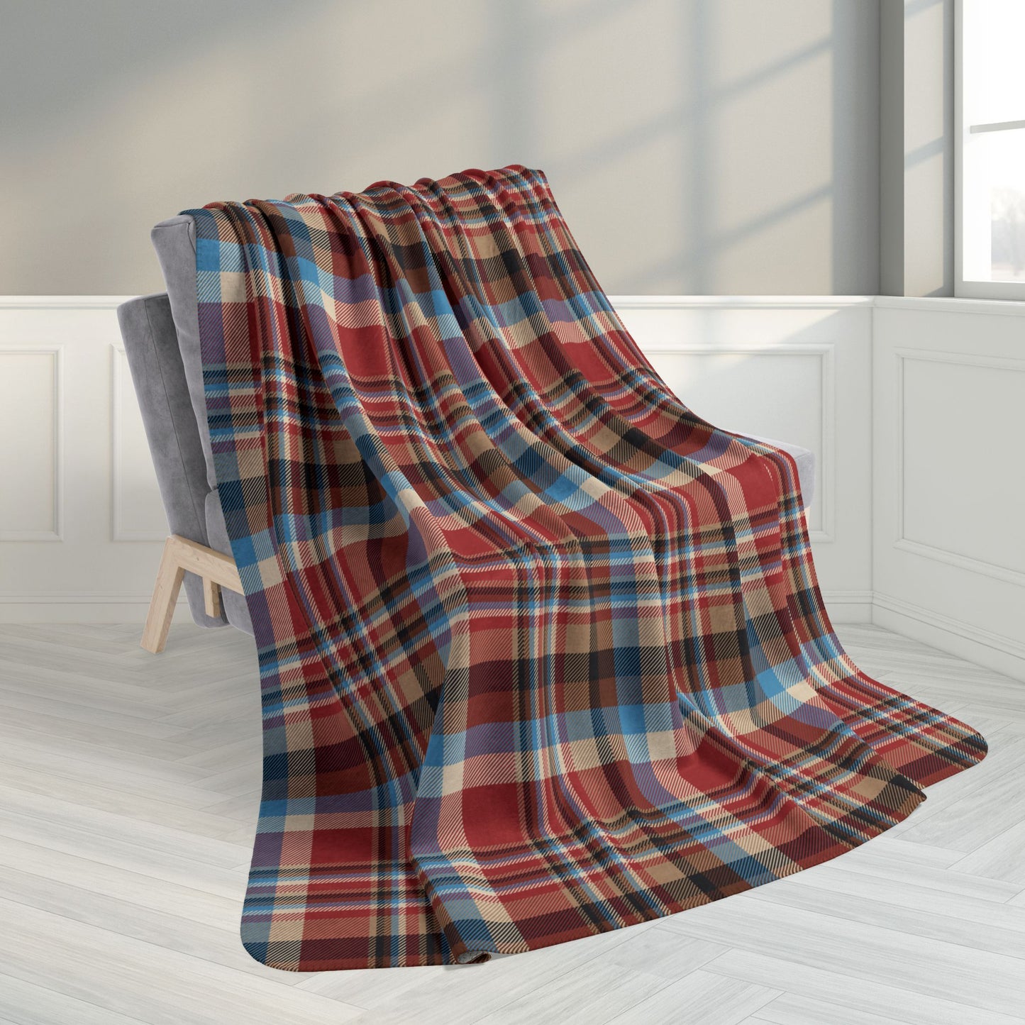 60" × 80" Rustic Red, Cream, Brown & Blue Plaid Fleece Sherpa Blanket