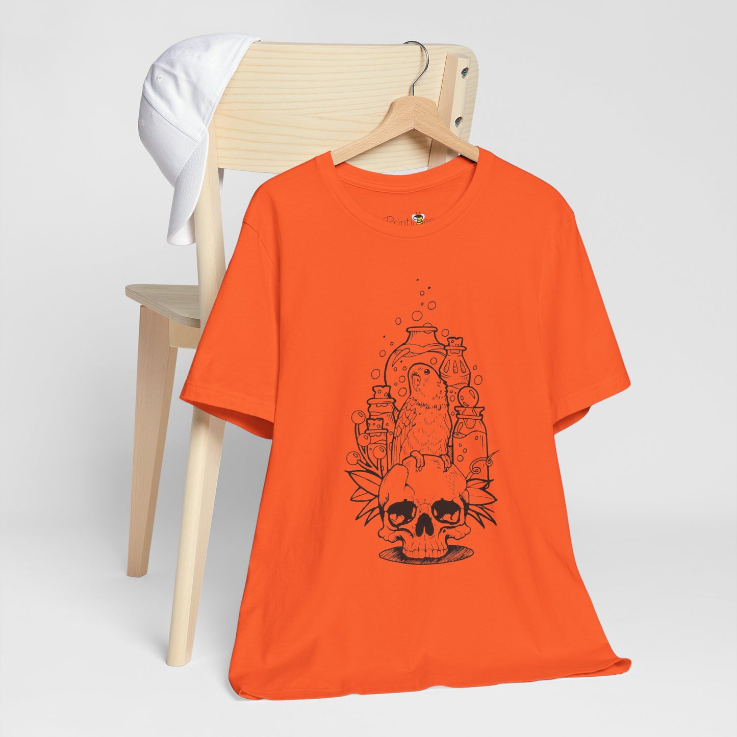 Crazy Scientist Lovebird Sitting on a Skull, Line Art Tee