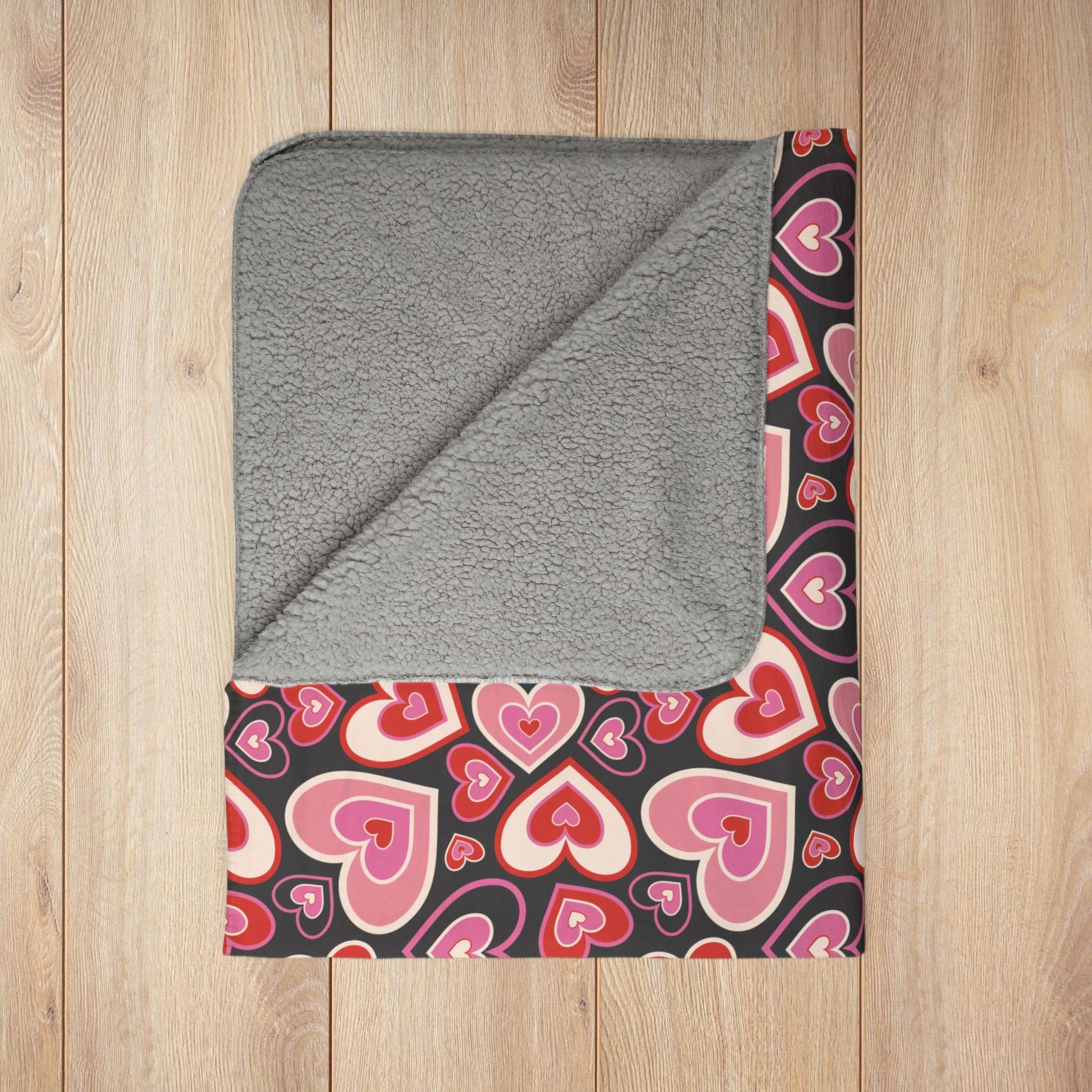 Retro Hearts Valentine’s Day Dark Grey Fleece Sherpa Blanket